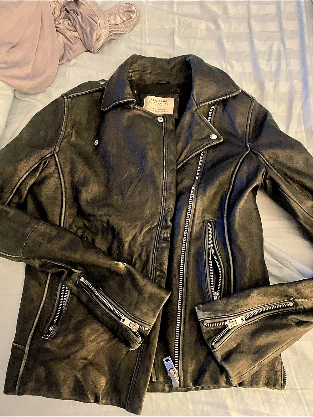 Zara Black Leather Moto Jacket Size Medium
